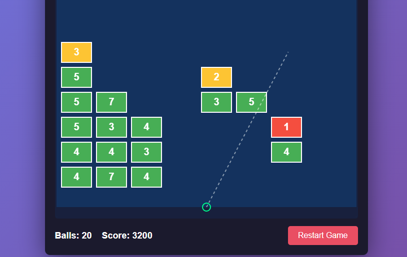 A screenshot of a brick breaker game