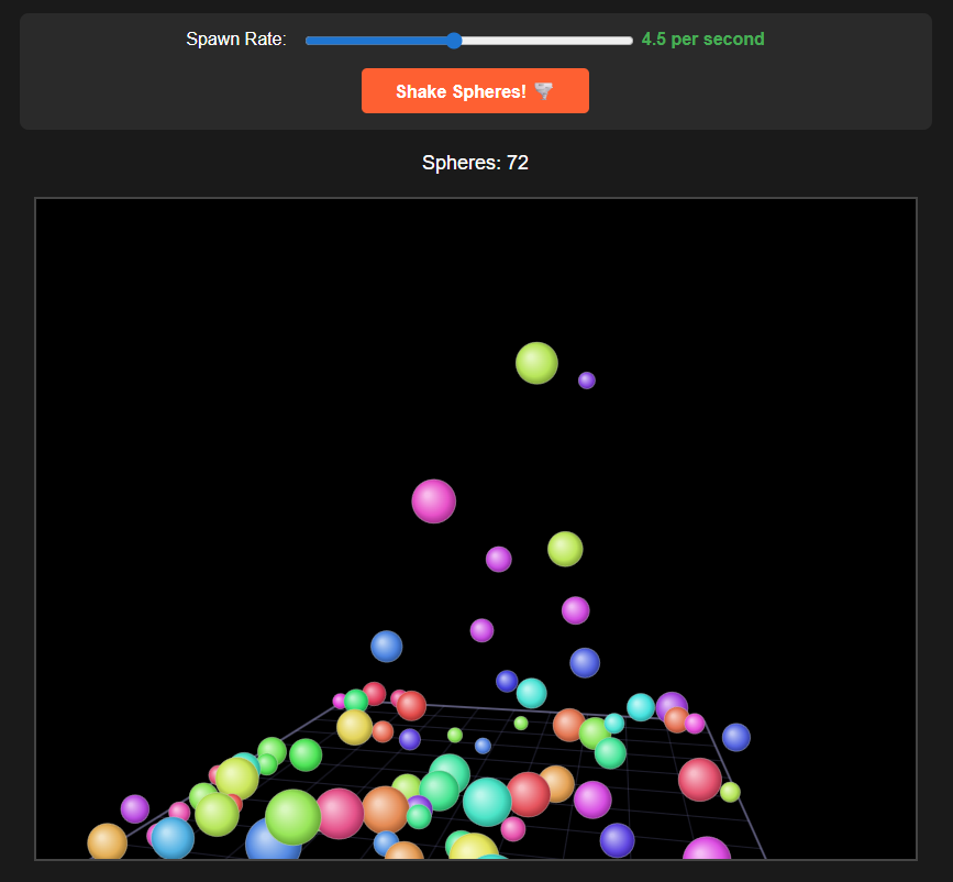 A screenshot showing coloured bouncing around in a 3d box, viewed from a spinning camera