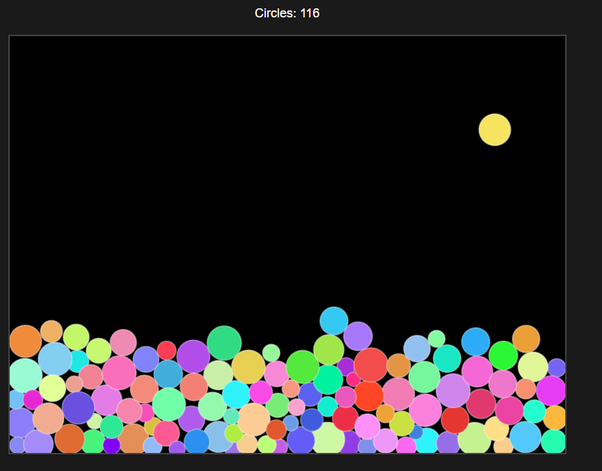 A screenshot showing coloured circles dropping from the roof and accumulating along the floor